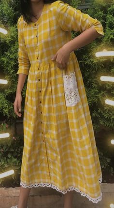 Cotton Frock Kurti Designs, Checks Frocks For Women, Cotton Frock Stitching Ideas For Women, Long Cotton Frock Designs For Women, Cotton Dress Designs Casual, Checks Long Frock Designs, Plain Dresses, Simple Cotton Dress, Check Print Frock Designs