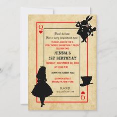 a birthday card with an image of alice and the rabbit on it's back