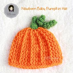 an orange knitted pumpkin hat sitting on top of a white blanket with the words newborn baby pumpkin hat written below it