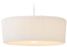 a white lamp hanging from the ceiling with pleated fabric on it's sides