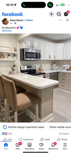 an instagramted photo of a kitchen with white marble countertops