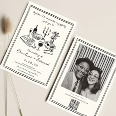 two wedding cards with an image of a couple on the front and back, sitting next to each other