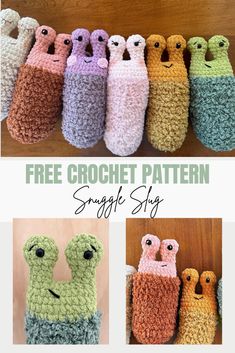 several crocheted items with the words, free crochet pattern sugary slug