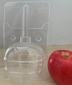 an apple sitting next to a plastic container