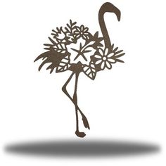 a metal flamingo with flowers on it's back legs and its long neck