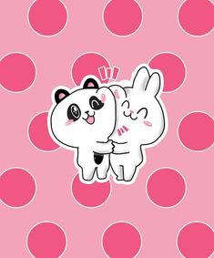 two cartoon animals standing next to each other on a pink and white polka dot background