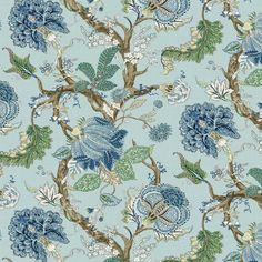 a blue and green floral wallpaper with many different flowers on the side of it