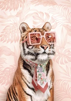 A tiger dressed in a fashion way using sunglasses, and a silk gucci scarf. With a tropical wallpaper in the back. Paul Fuentes, Wall Pop, King Of The Jungle, Gucci Style, The King, Instagram Fashion, Art Wallpaper, Animal Art