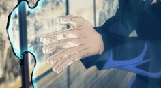 an anime character holding his hands out in front of him