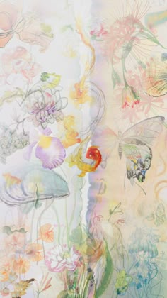 an abstract painting with flowers and butterflies on it's side, in pastel colors