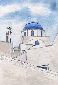 watercolor and ink painting of a church in oia