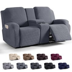 the reclining loveseat is shown with multiple colors and options to choose from