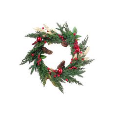 a christmas wreath with pine cones and red berries