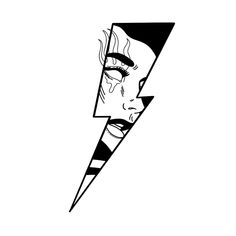 a black and white drawing of a woman's face with a lightning bolt in the background