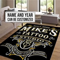 a living room area rug with the words make tattoo special written in gold on it