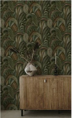 an image of a wallpaper with plants and vases on the sideboard in front of it