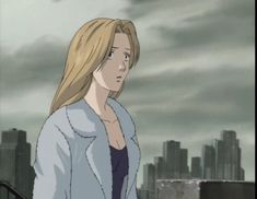 a woman with blonde hair standing in front of a cityscape and looking off into the distance