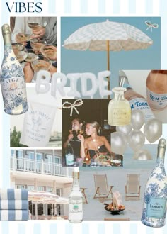 there is a collage of pictures with blue and white items on it, including an umbrella