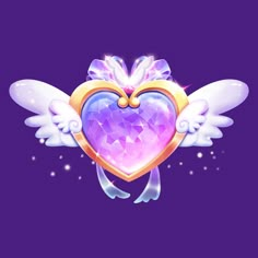 an angel heart with wings and jewels on it's side, against a purple background