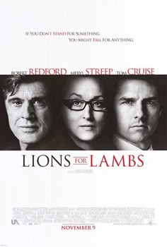 a movie poster for lions for lambs with three men and one woman in glasses