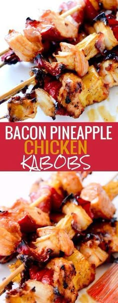 bacon pineapple chicken kabobs on skewers with ketchup and sauce