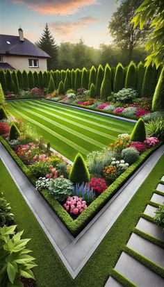 a garden with many different types of flowers and plants in the center, surrounded by green hedges