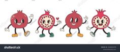 three pomegranates in different poses with their hands up