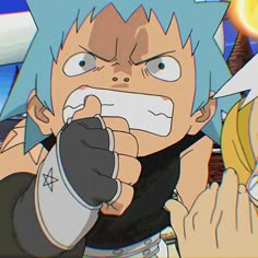 an anime character with blue hair pointing his finger at the camera while another person looks on