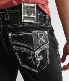 Rock Revival Emory Straight Stretch Pant - Black 28/30, Men's Emoryj201 Regular fit pant Comfort stretch fabric Straight from knee to hem Low rise 16 1/2 bottom opening Embroidered faux flap back pockets Grinding details Zip fly. This quality denim is hand-finished for a unique look. It will wear like your favorite jeans, with each hole and tear continuing to destruct over time. You will love the comfort of this denim that has the look and feel of years of wear. . 98% Cotton 2% Elastane. Machine Rock Revival Jeans, Jeans Men, Rock Revival, Stretch Pants, Favorite Jeans, Men's Pants, Workout Pants, The Rock, Black Pants