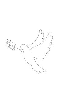 a white dove with an olive branch in it's beak is flying through the air