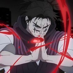 an anime character holding his hands together in front of the camera, with red lines around him