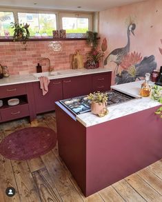 a kitchen with pink walls and wooden flooring has an island in front of the stove