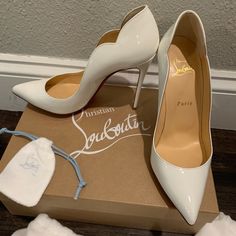 Worn Once For My Wedding Welcome Party. I Typically Wear A 7 But I Size Up A Half Size For Louboutin Pumps Because They Are A Little More Narrow. White Louboutin Heels Wedding Shoes, Louboutin Heels Wedding, White Louboutin Heels, Louboutin Wedding Heels, White Louboutin, Louboutin Wedding, Wedding Welcome Party, Christian Louboutin Wedding, Christian Louboutin Wedding Shoes