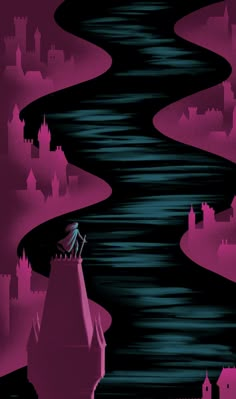 an image of a poster with a castle in the background that is pink and black