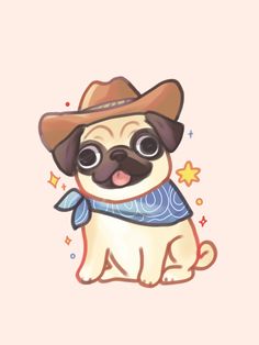 a pug dog wearing a cowboy hat and scarf with stars around it's neck