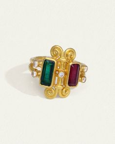 The Aelia Ring is handcrafted from 24k solid gold with natural emerald, ruby & diamonds. Shop unique statement ring inspired by Byzantine jewellery. Byzantine Jewelry, Gold Statement Ring, Diamond Guide, Split Shank, Ruby Diamond, Red Ruby, Green Emerald, Engagement Ring Wedding Band, Natural Emerald