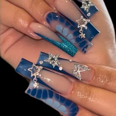 Long Nails Nail Art, Summer Birthday Nails Coffin, Tah Beauty Nails, Summer Vegas Nails, Blue Nails Acrylic Summer, Jhene Aiko Nails, Long Blue Acrylic Nails, Blue Nail Inspo Acrylic, Oldies Nails