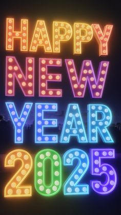 the happy new year sign is lit up in neon colors and reads, happy new year 205