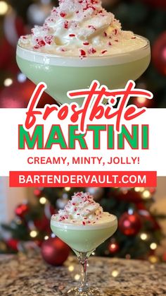 two martinis with whipped cream and sprinkles in front of a christmas tree