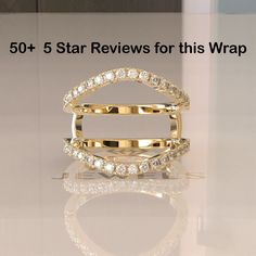 an image of a gold ring with diamonds on the side and text reading 50 + 5 star review for this wrap