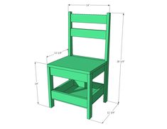 a green chair is shown with measurements for the seat and back side, as well as an end table