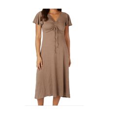 Max Studio V Neck Midi Dress Color: Taupe Brown Size: Small New With Tags Msrp $128 Casual Brown Ruched Midi Dress, Spring Taupe V-neck Dress, Taupe Fitted V-neck Dress, Casual Brown Viscose Dress, Brown Viscose Midi Dress For Summer, Taupe Short Sleeve Dress For Spring, Short Sleeve Taupe Dress For Spring, Beige Ruched V-neck Midi Dress, Fitted Taupe V-neck Dress