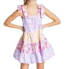 Get Ready To Twirl In This Whimsical Loveshackfancy Babydoll Dress. Perfect For Dancing Around Like You're In A Rom-Com, Or Just, You Know, Everyday Life. Details: Size M But Could Easily Fit A Size Xl Flowy Fit Adjustable Wide Bow Tie Straps Square Neck Side Pockets Floral Patchwork Pattern Tiered Ruffle Hem Light And Airy Fabric 100% Cotton Easy Pull-On Style Approx Measurements: Bust: 15" Pit To Pit Length: 32" (Adjustable Length) Summer Dress, Girly, Boho Dress, Romantic, Flowy, Fairy, Whims Yellow Floral Sundress, Girly Boho, Ross Dresses, White Ruffle Dress, Babydoll Mini Dress, Floral Patchwork, Rainbow Dress, Floral Sundress, Ruffle Mini Dress