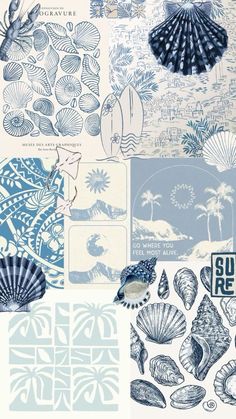 an assortment of blue and white wallpaper with shells, seashells and palm trees