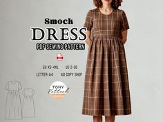 a woman in a dress with the text smock dress sewing pattern