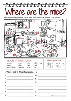 a printable worksheet for children to learn where are the mice in the kitchen?