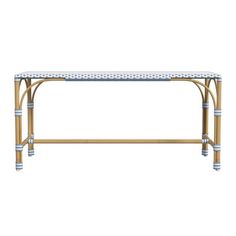 a white and blue bench with wicker legs on an isolated white background for use as a side table