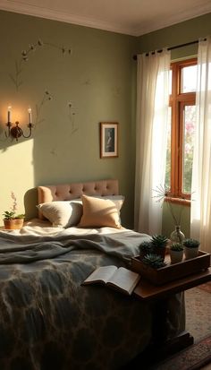 a bed sitting in a bedroom under a window next to a table with two plants on it