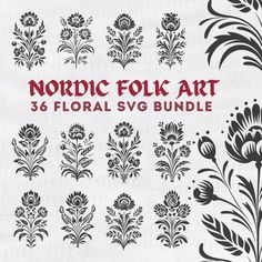 the nordic folk art floral svg bundle is shown in black and white with red lettering