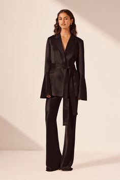 La Lune Flared Sleeve Belted Blazer | Black | Outerwear | Shona Joy Luxury Formal Blazer With Belted Cuffs, Luxury Belted Blazer For Work, Chic Silk Suits For Office, Long Sleeve Silk Suit For Office, Luxury Long Sleeve Belted Blazer, Luxury Blazer With Belted Cuffs For Office, Luxury Office Blazer With Belted Cuffs, Elegant Evening Belted Blazer, Chic Formal Outerwear With Self Belt